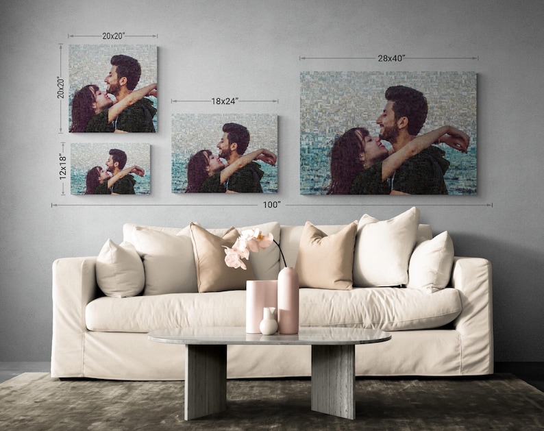 A stylish living room showcasing three different framed photo mosaics above a couch, perfect for kids room decoration or nursery room decor.