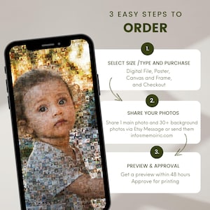 how to order personalized photo collage mosaic A smartphone displaying a custom photo mosaic of a toddler, with easy steps to order, great for kids room decoration and nursery room decor.