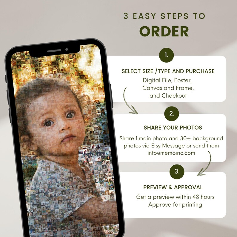 how to order personalized photo collage mosaic A smartphone displaying a custom photo mosaic of a toddler, with easy steps to order, great for kids room decoration and nursery room decor.
