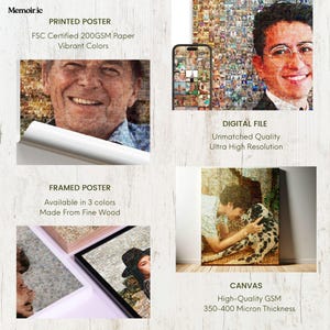 A type of Customized photo collage mosaic  product showcase with options for framed photo mosaics, digital files, and canvas prints