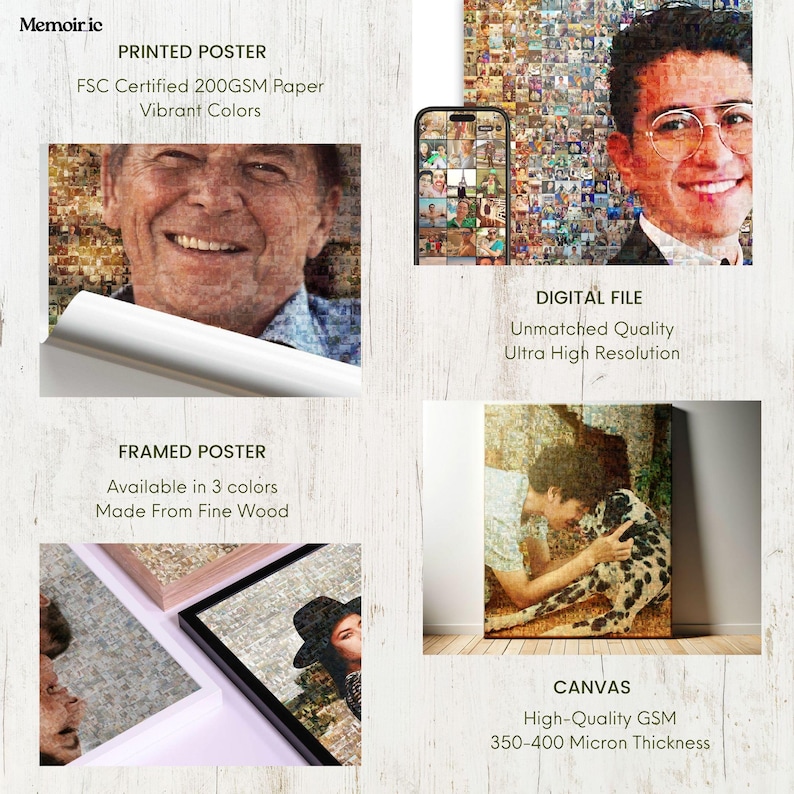 A type of Customized photo collage mosaic  product showcase with options for framed photo mosaics, digital files, and canvas prints