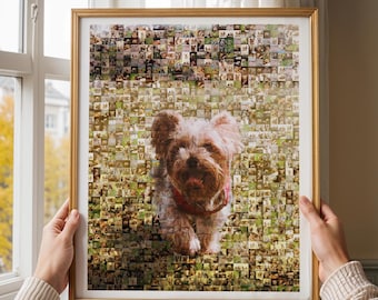 Könnte beinhalten: Ein gerahmtes Fotomosaik mit einem braun-weißen Hund mit rotem Halsband. Das Mosaik besteht aus vielen kleinen Fotos, die ein einzigartiges Bild ergeben. Der Rahmen ist goldfarben.