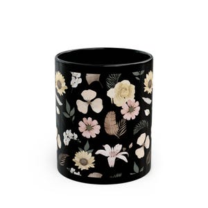 Floral Print Black Mug, Elegant Coffee Cup, Gift for Her, Cozy Vibes, Home Decor, Botanical Floral Design, Flower Lover&#39;s Mug