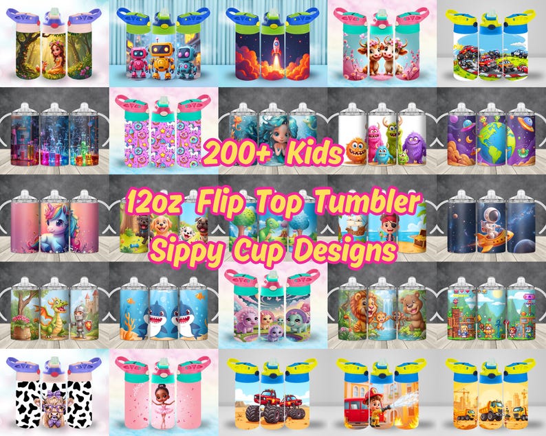 May include: A collage of 200+ colorful 12oz flip-top tumbler and sippy cup designs for kids. The designs feature various cartoon characters, animals, and themes.
