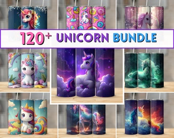 May include: A set of nine colorful unicorn-themed tumblers. The tumblers feature various designs, including unicorns with rainbows, stars, and clouds. The tumblers are arranged in a grid pattern. The text "120+ UNICORN BUNDLE" is displayed at the top of the image.