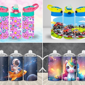 May include: Three sets of colorful water bottles with different designs. The first set features a pink and white unicorn, donut, and ice cream design. The second set features a blue and white design with cartoon cars. The third set features a blue and white space design with an astronaut and a unicorn design.