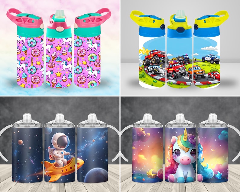 May include: Three sets of colorful water bottles with different designs. The first set features a pink and white unicorn, donut, and ice cream design. The second set features a blue and white design with cartoon cars. The third set features a blue and white space design with an astronaut and a unicorn design.