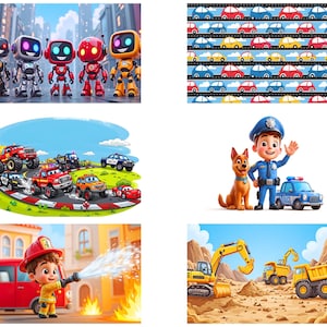 May include: A colorful illustration featuring a group of robots, a race track with toy cars, a police officer with a dog, a firefighter with a fire truck, and construction vehicles on a dirt road.