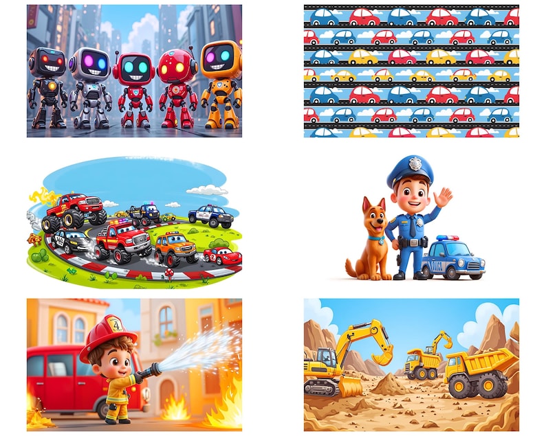 May include: A colorful illustration featuring a group of robots, a race track with toy cars, a police officer with a dog, a firefighter with a fire truck, and construction vehicles on a dirt road.