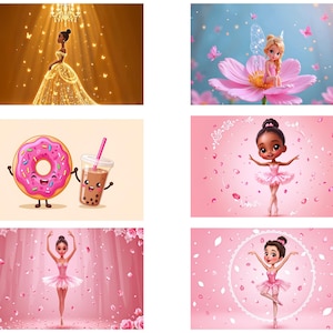 May include: A collage of four images featuring cartoon characters. The top left image shows a young woman in a gold dress standing in a spotlight. The top right image shows a fairy with pink wings sitting on a pink flower. The bottom left image shows a pink donut and a cup of boba tea with cartoon faces. The bottom right image shows a young girl in a pink tutu and a pink headband dancing in a pink room with pink petals falling around her.