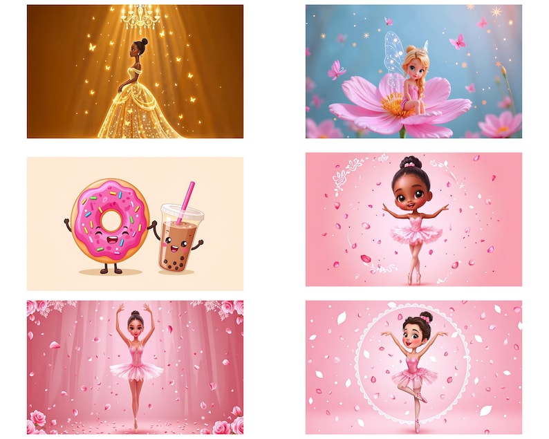 May include: A collage of four images featuring cartoon characters. The top left image shows a young woman in a gold dress standing in a spotlight. The top right image shows a fairy with pink wings sitting on a pink flower. The bottom left image shows a pink donut and a cup of boba tea with cartoon faces. The bottom right image shows a young girl in a pink tutu and a pink headband dancing in a pink room with pink petals falling around her.