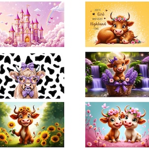 May include: A collage of images featuring cute cartoon cows in various settings. One image shows a cow wearing glasses and a bow in front of a black and white cow print background. Another image shows a cow in a basket with purple flowers in front of a waterfall. Another image shows a cow in a pink and purple flower field. Another image shows a cow with a pink flower crown in front of a pink and purple flower field. The last image shows a cow with a pink flower crown and a yellow flower crown in front of a pink and purple flower field. The text "Just a girl who loves Highland Cows" is featured in one of the images.