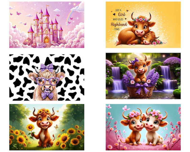 May include: A collage of images featuring cute cartoon cows in various settings. One image shows a cow wearing glasses and a bow in front of a black and white cow print background. Another image shows a cow in a basket with purple flowers in front of a waterfall. Another image shows a cow in a pink and purple flower field. Another image shows a cow with a pink flower crown in front of a pink and purple flower field. The last image shows a cow with a pink flower crown and a yellow flower crown in front of a pink and purple flower field. The text "Just a girl who loves Highland Cows" is featured in one of the images.