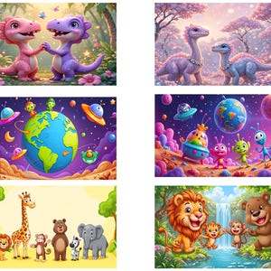 May include: A colorful illustration featuring a variety of scenes. The first scene shows two purple and pink dinosaurs with butterfly wings. The second scene shows two blue dinosaurs with white accents. The third scene shows a cartoon earth with planets and stars. The fourth scene shows a group of cartoon aliens. The fifth scene shows a giraffe, a bear, an elephant, a monkey, and a zebra. The sixth scene shows a lion, a bear, and two monkeys.