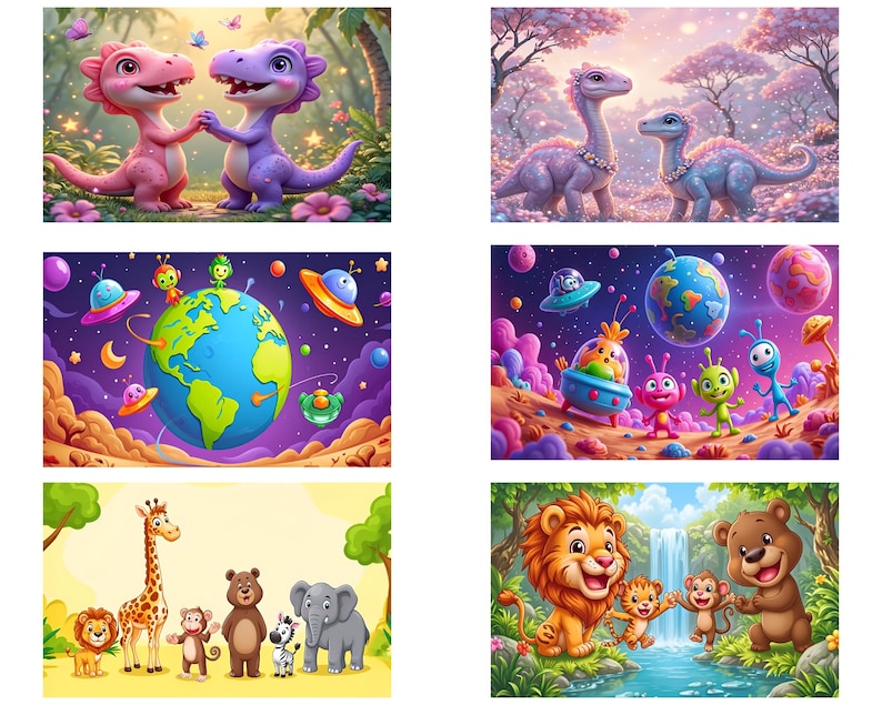 May include: A colorful illustration featuring a variety of scenes. The first scene shows two purple and pink dinosaurs with butterfly wings. The second scene shows two blue dinosaurs with white accents. The third scene shows a cartoon earth with planets and stars. The fourth scene shows a group of cartoon aliens. The fifth scene shows a giraffe, a bear, an elephant, a monkey, and a zebra. The sixth scene shows a lion, a bear, and two monkeys.