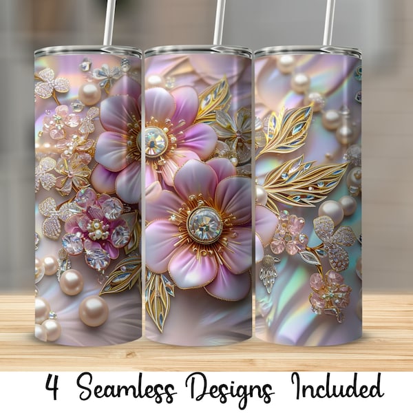 3D Pink Flowers and Pearls Holographic 20oz Skinny Tumbler Designs, Skinny Tumbler Wrap, Instant Download PNG, Seamless