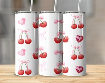 Coquette Ribbon Cherry Tumbler Wrap PNG | Sublimation 20oz Skinny Tumbler | Sublimation Design |  Valentine Coquette Bow Tumbler | Valentine