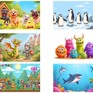 May include: A digital illustration of a video game scene with a green, yellow, and blue landscape. There are pixelated characters in the foreground, including a knight, a warrior, and a wizard. The scene includes a red heart, a yellow star, and a blue gem.