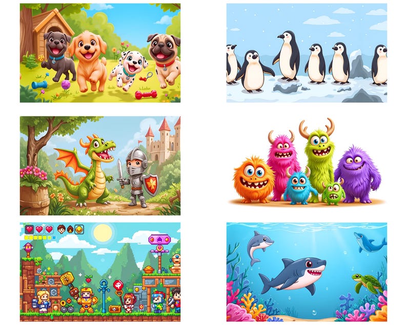 May include: A digital illustration of a video game scene with a green, yellow, and blue landscape. There are pixelated characters in the foreground, including a knight, a warrior, and a wizard. The scene includes a red heart, a yellow star, and a blue gem.