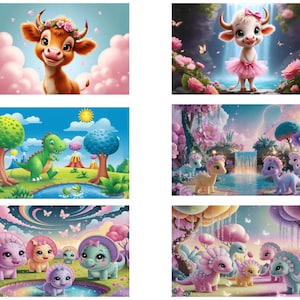 May include: A digital collage of illustrations featuring a pink cow with a flower crown, a green dinosaur, and several pink dinosaurs with flowers on their heads. The illustrations are set against a variety of backgrounds, including clouds, a waterfall, and a forest.