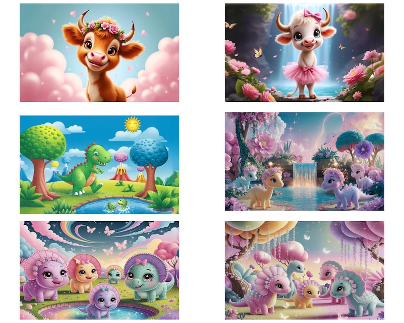 May include: A digital collage of illustrations featuring a pink cow with a flower crown, a green dinosaur, and several pink dinosaurs with flowers on their heads. The illustrations are set against a variety of backgrounds, including clouds, a waterfall, and a forest.