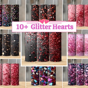 Paquete de envolturas para vasos con corazones brillantes PNG, sublimación de vasos delgados de 20 oz, sublimación para el día de San Valentín, descarga digital