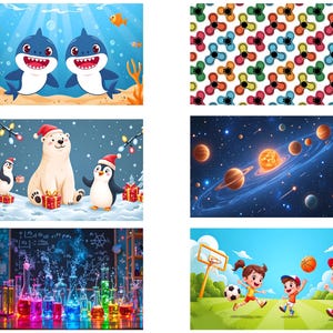 May include: A digital collage of ten different images. The top row shows two cartoon sharks swimming in the ocean, and a colorful fidget spinner pattern. The second row shows a polar bear and two penguins wearing Santa hats, and a galaxy with planets and stars. The third row shows a science classroom with beakers filled with colorful liquids, and two children playing basketball.