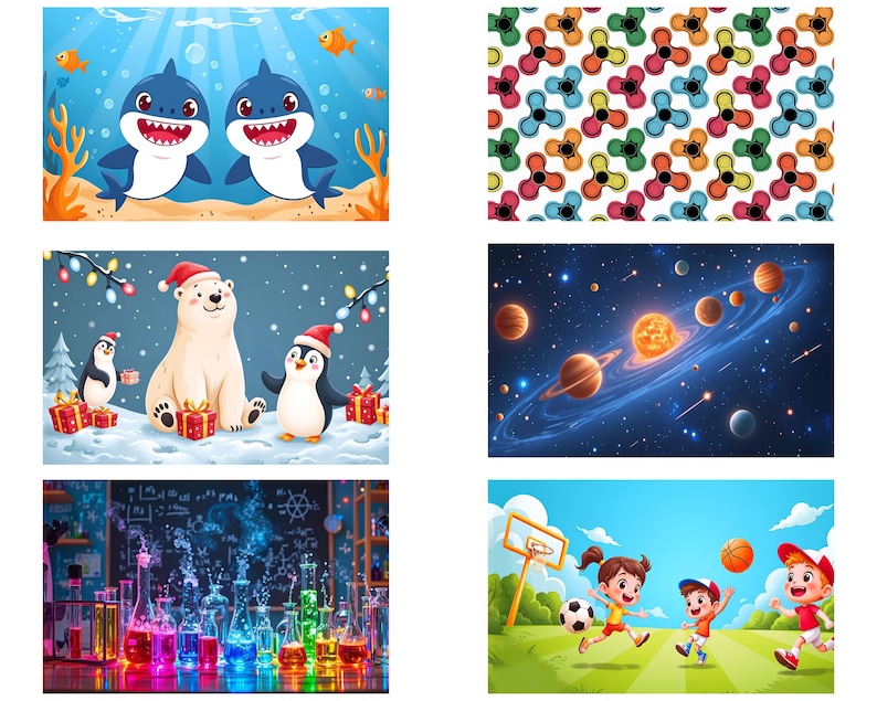 May include: A digital collage of ten different images. The top row shows two cartoon sharks swimming in the ocean, and a colorful fidget spinner pattern. The second row shows a polar bear and two penguins wearing Santa hats, and a galaxy with planets and stars. The third row shows a science classroom with beakers filled with colorful liquids, and two children playing basketball.