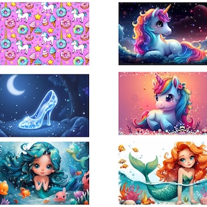May include: A collage of images featuring unicorns, mermaids, and a glass slipper. The images are set against a variety of backgrounds, including a starry night sky, a pink and blue sky, and a forest.