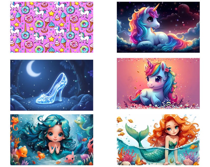 May include: A collage of images featuring unicorns, mermaids, and a glass slipper. The images are set against a variety of backgrounds, including a starry night sky, a pink and blue sky, and a forest.