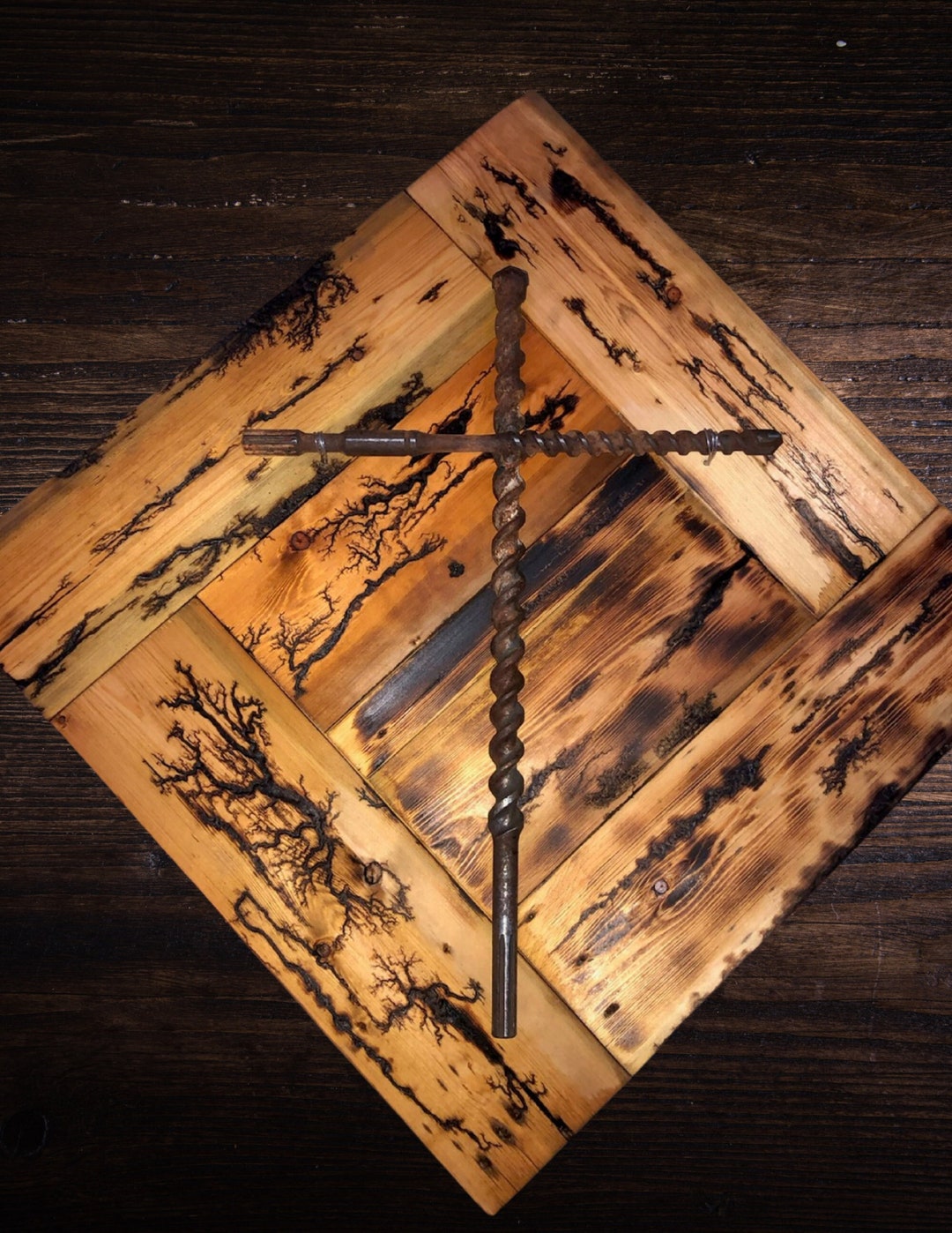 Rustic Wall Hanger, Cross, Handmade Art, Welded Cross, Woodwork, Wood