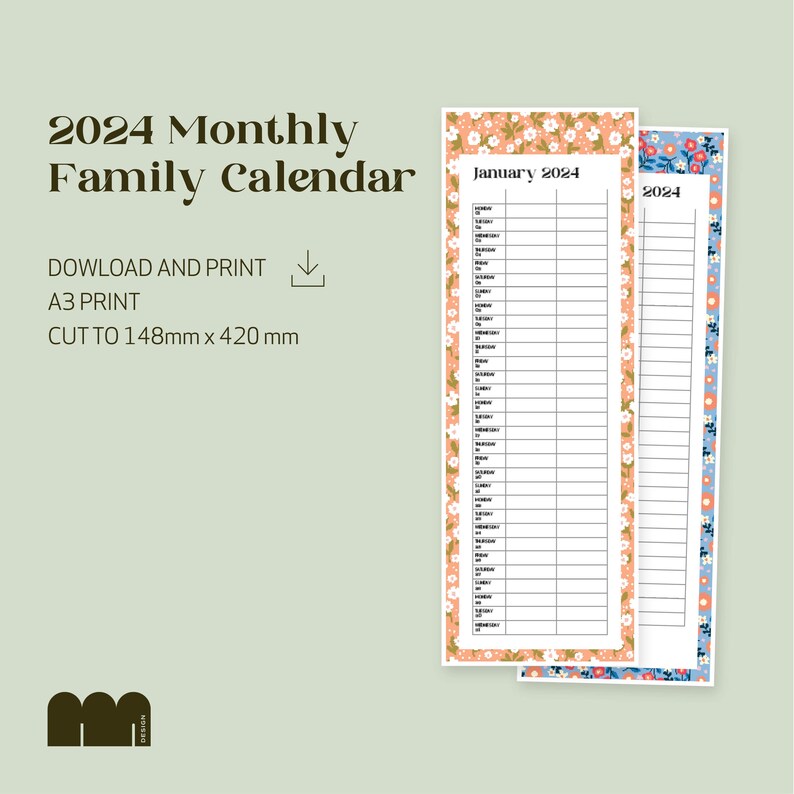 Narrow Printable 2024 Family Calendar Etsy