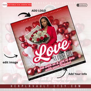 May include: A red and white graphic with the text "Love at First File" and "file with us & fall in love with your Refund". The graphic features a woman holding a bouquet of red roses and money. The background is a wooden wall with red and white heart-shaped balloons.