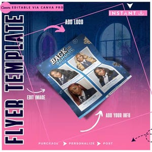May include: A flyer template with a pink and blue gradient background. The flyer features four images of students and text that reads "Back to School SSA Hair Special." The words "Flyer Template" and "Canva Editable via Canva Pro" are also visible.