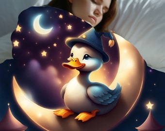Quirky Quackery: Duck on the Moon, Cute Duck Blanket