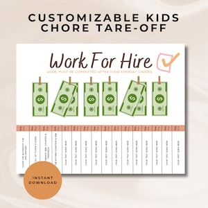 Könnte beinhalten: Ein druckbarer Aufgabenplan für Kinder mit einem grün-braunen Farbschema. Der Plan trägt den Titel "Work For Hire" mit einem Häkchen und einer Reihe von Dollar-Scheinen mit dem Text "Your Text Goes Here", der mehrmals wiederholt wird.