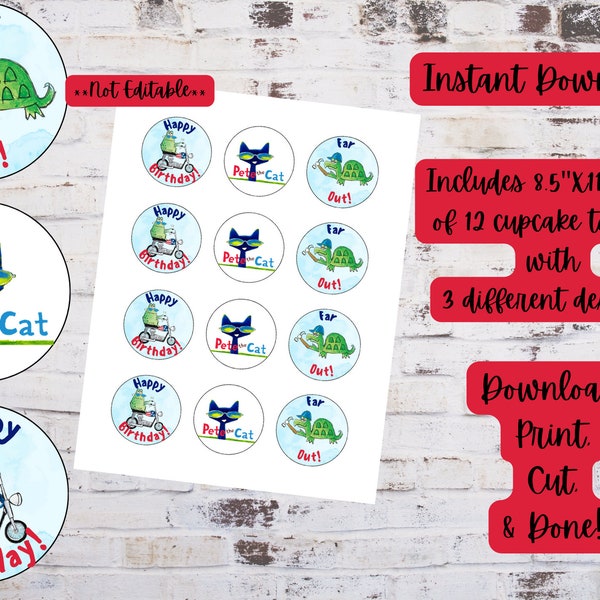 Pete Cat Birthday Cupcake Toppers