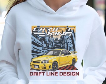 R34 Skyline Drift King Hoodie, JDM Car Graphic, Unisex