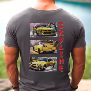 Nissan skyline R34 T-Shirt, GTR skyline drift shirt, yellow r34 Skyline, gift for skyline lover, JDM style T-Shirt, back design, unisex