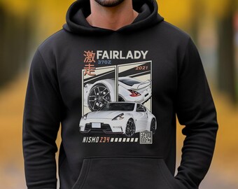 May include: Black hoodie with a white graphic print of a Nissan Z34 Fairlady. The graphic includes the text "Fairlady 370Z 2021" and Japanese characters.