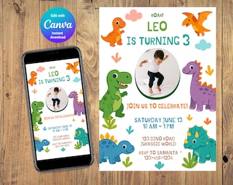 Dinosaur birthday invitation | Editable birthday invitation template | Instant download | Canva template | Dinosaur Kids birthday party