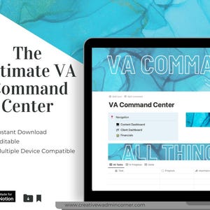 Peut inclure: Un écran d'ordinateur portable affichant un espace de travail Notion intitulé "VA Command Center". L'espace de travail est conçu pour les assistants virtuels et comprend des sections pour la navigation, le tableau de bord du contenu, le tableau de bord du client et les finances. L'espace de travail comprend également une section de gestion des tâches avec des colonnes pour "Toutes les tâches", "En cours", "Terminé", "Progression" et "Importance".
