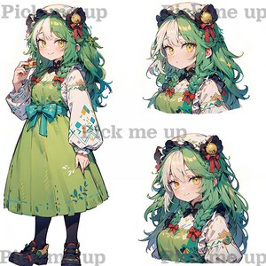 May include: A digital illustration of a young girl with long green hair, wearing a white blouse with a green and white pattern, a green skirt with a bow, and a white and green hat with a bell. She is holding a small piece of cake in her hand.