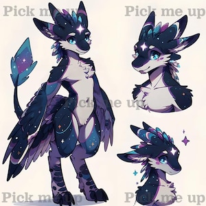 Peut inclure: Une illustration numérique d'une créature ailée bleue et violette avec un motif étoilé. La créature a un corps blanc et des yeux bleus. L'illustration est dans un style cartoon et est sur un fond blanc.