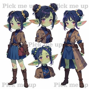 May include: A digital illustration of a green-skinned, purple-haired elf wearing a brown jacket, blue skirt, and brown boots. The elf has large ears and is holding a brown bag. The image is repeated four times, with the elf in different poses.