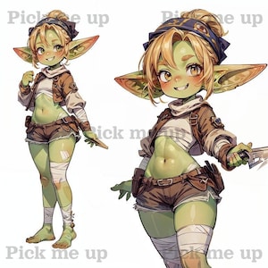 May include: A green-skinned, female goblin character with blonde hair, wearing a brown and white outfit, a blue bandana, and bandages on her legs. She is holding a knife in her right hand and smiling. The text "Pick me up" is written on the image.