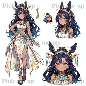 Peut inclure: Illustration numérique d'un personnage féminin aux cheveux bleus et aux ailes, portant une tenue d'inspiration égyptienne blanche et dorée. Elle porte une couronne dorée avec un bijou bleu et un collier doré avec un bijou bleu. Le personnage sourit et a une expression amicale.