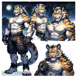 May include: A digital illustration of a muscular tiger with white and orange fur. The tiger is wearing black shorts and black gloves. The tiger is shown in four different poses.