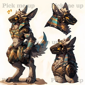 May include: Digital art featuring a stylized anthropomorphic canine character in gold, teal, and black armor. The image includes full body and head-and-shoulders views, with the text "Pick me up" in the background.