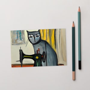 Carte postale #17 couture chats, oeuvre d'art originale, impression passionné de couture, carte postale humoristique de pendaison de crémaillère, carte de collègue qui aime les chats